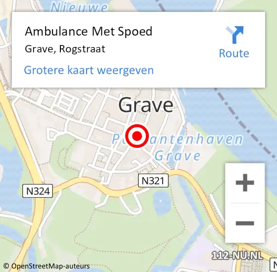 Locatie op kaart van de 112 melding: Ambulance Met Spoed Naar Grave, Rogstraat op 28 maart 2015 21:37