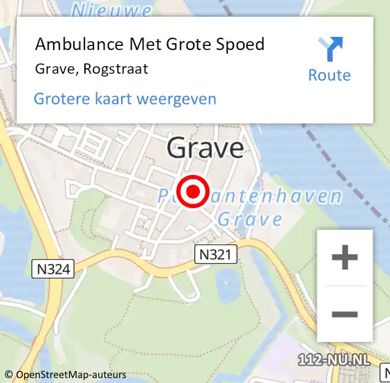 Locatie op kaart van de 112 melding: Ambulance Met Grote Spoed Naar Grave, Rogstraat op 28 maart 2015 21:47