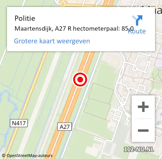 Locatie op kaart van de 112 melding: Politie Maartensdijk, A27 R hectometerpaal: 86,0 op 29 maart 2015 07:40