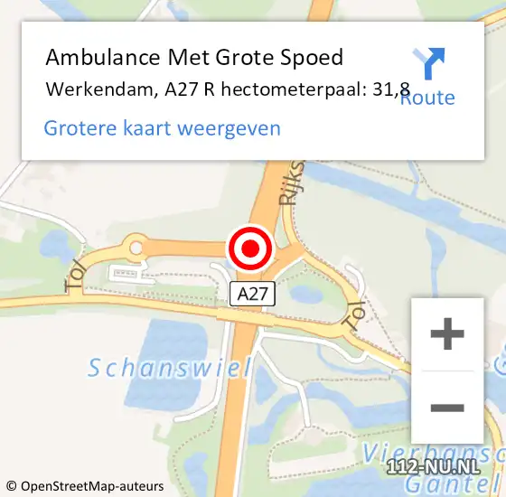 Locatie op kaart van de 112 melding: Ambulance Met Grote Spoed Naar Werkendam, A27 R hectometerpaal: 31,8 op 30 maart 2015 00:21
