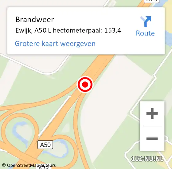 Locatie op kaart van de 112 melding: Brandweer Ewijk, A50 R hectometerpaal: 148,9 op 30 maart 2015 14:50