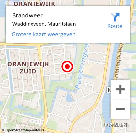 Locatie op kaart van de 112 melding: Brandweer Waddinxveen, Mauritslaan op 31 maart 2015 14:01