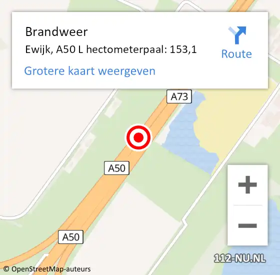 Locatie op kaart van de 112 melding: Brandweer Ewijk, A50 L hectometerpaal: 152,4 op 2 april 2015 09:27