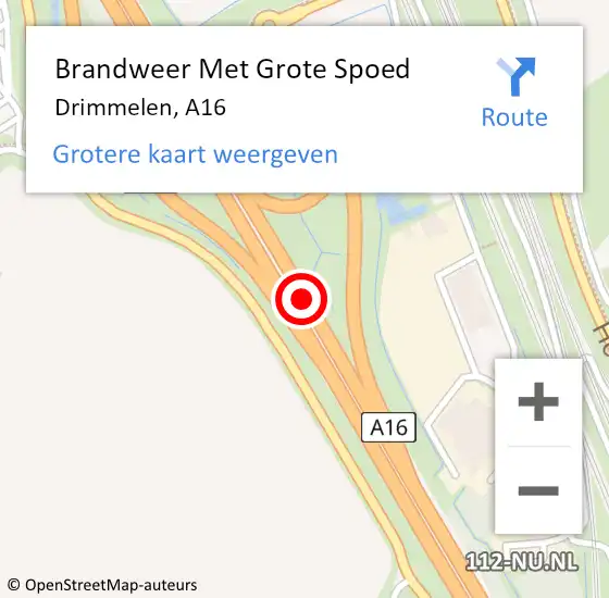 Locatie op kaart van de 112 melding: Brandweer Met Grote Spoed Naar Drimmelen, A16 op 4 april 2015 06:15