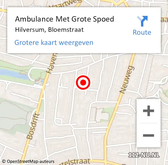 Locatie op kaart van de 112 melding: Ambulance Met Grote Spoed Naar Hilversum, Bloemstraat op 5 april 2015 05:49