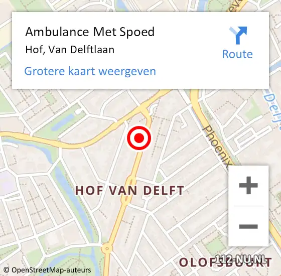 Locatie op kaart van de 112 melding: Ambulance Met Spoed Naar Hof, Van Delftlaan op 5 april 2015 22:26