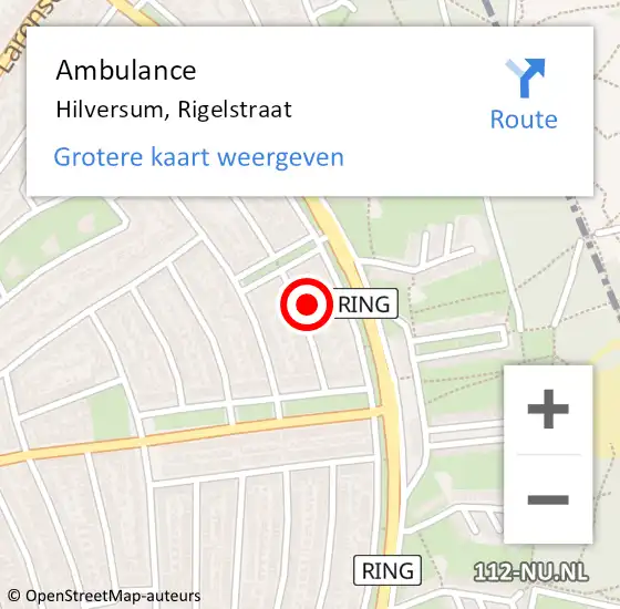 Locatie op kaart van de 112 melding: Ambulance Hilversum, Rigelstraat op 6 april 2015 09:44