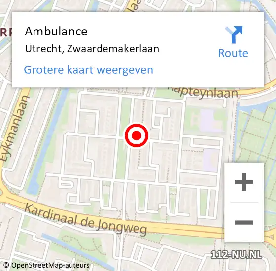 Locatie op kaart van de 112 melding: Ambulance Utrecht, Zwaardemakerlaan op 6 april 2015 16:17