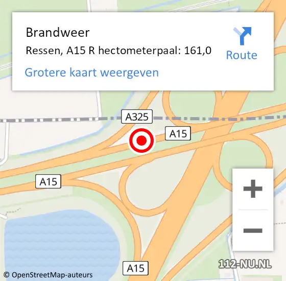 Locatie op kaart van de 112 melding: Brandweer Ressen, A15 R hectometerpaal: 161,0 op 4 november 2013 10:37