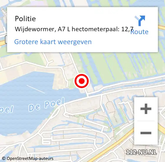 Locatie op kaart van de 112 melding: Politie Wijdewormer, A7 L hectometerpaal: 12,7 op 9 april 2015 09:51