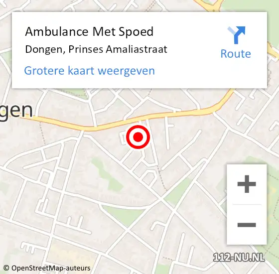 Locatie op kaart van de 112 melding: Ambulance Met Spoed Naar Dongen, Prinses Amaliastraat op 9 april 2015 12:25