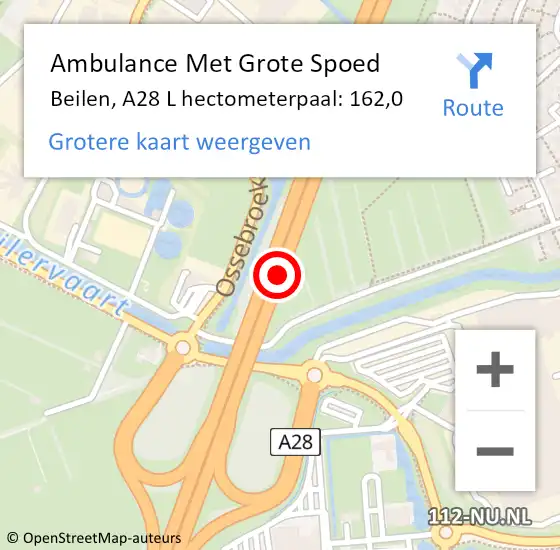 Locatie op kaart van de 112 melding: Ambulance Met Grote Spoed Naar Beilen, A28 R hectometerpaal: 160,3 op 10 april 2015 15:54