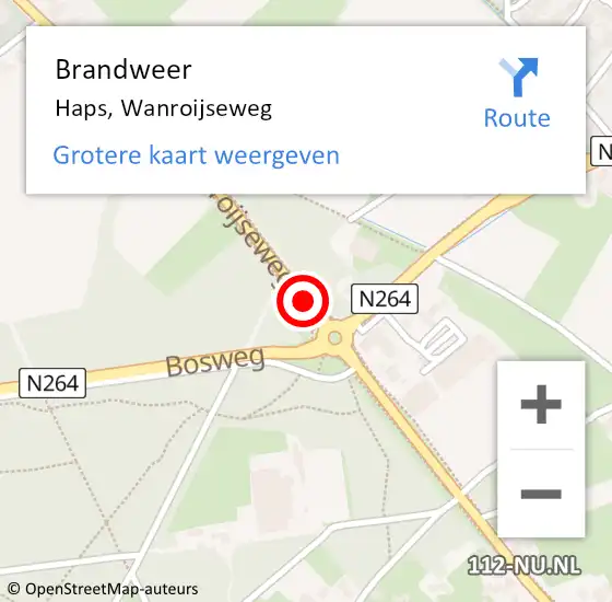 Locatie op kaart van de 112 melding: Brandweer Haps, Wanroijseweg op 10 april 2015 20:38