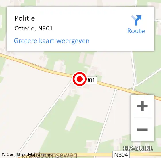 Locatie op kaart van de 112 melding: Politie Otterlo, N801 op 14 april 2015 19:39