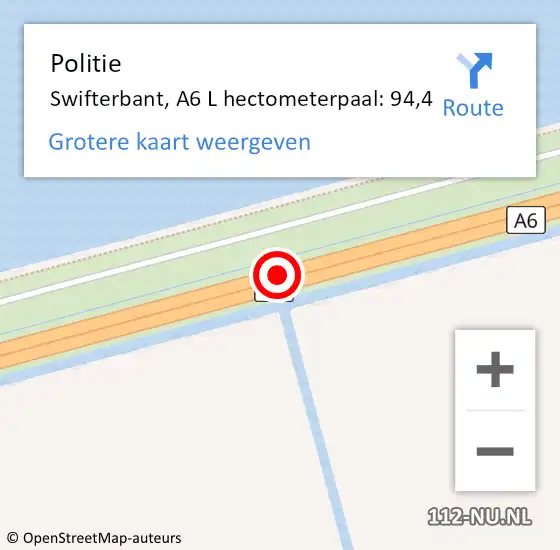 Locatie op kaart van de 112 melding: Politie Swifterbant, A6 L hectometerpaal: 93,4 op 15 april 2015 23:01