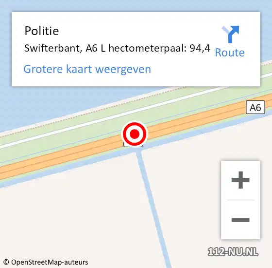 Locatie op kaart van de 112 melding: Politie Swifterbant, A6 L hectometerpaal: 96,0 op 19 april 2015 18:09