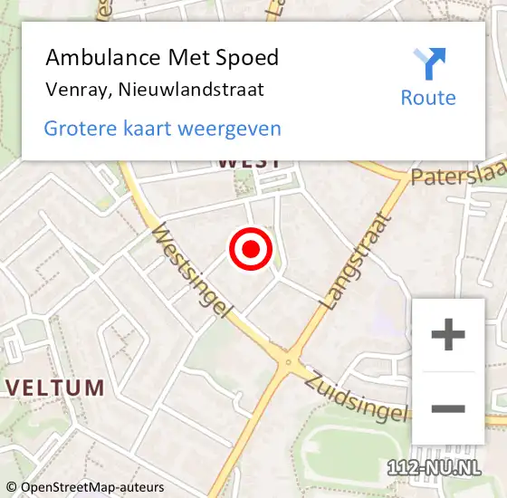 Locatie op kaart van de 112 melding: Ambulance Met Spoed Naar Venray, Nieuwlandstraat op 20 april 2015 16:26