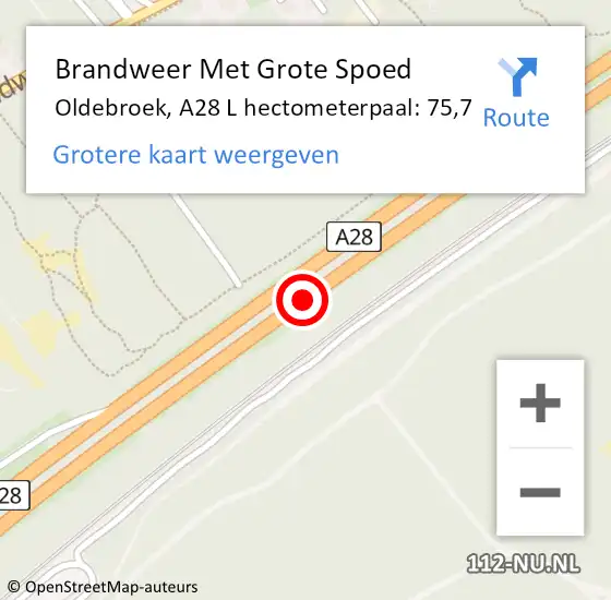 Locatie op kaart van de 112 melding: Brandweer Met Grote Spoed Naar Oldebroek, A28 R hectometerpaal: 73,9 op 20 april 2015 19:07