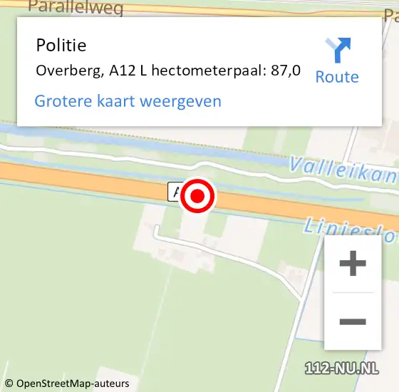 Locatie op kaart van de 112 melding: Politie Overberg, A12 R hectometerpaal: 87,3 op 22 april 2015 02:36