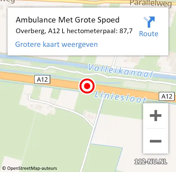 Locatie op kaart van de 112 melding: Ambulance Met Grote Spoed Naar Overberg, A12 R hectometerpaal: 86,0 op 22 april 2015 02:51