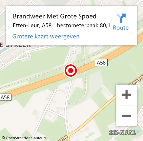 Locatie op kaart van de 112 melding: Brandweer Met Grote Spoed Naar Etten-Leur, A58 L hectometerpaal: 80,2 op 26 april 2015 07:46