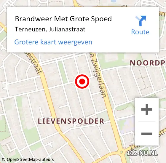 Locatie op kaart van de 112 melding: Brandweer Met Grote Spoed Naar Terneuzen, Julianastraat op 6 november 2013 04:30