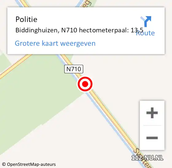 Locatie op kaart van de 112 melding: Politie Biddinghuizen, N710 hectometerpaal: 13,5 op 26 april 2015 12:38