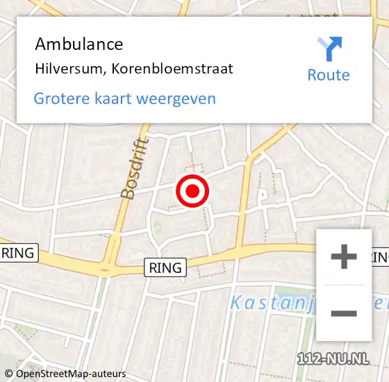 Locatie op kaart van de 112 melding: Ambulance Hilversum, Korenbloemstraat op 27 april 2015 09:00