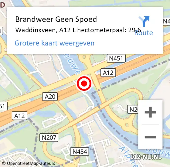 Locatie op kaart van de 112 melding: Brandweer Geen Spoed Naar Waddinxveen, A12 L hectometerpaal: 30,1 op 28 april 2015 17:55