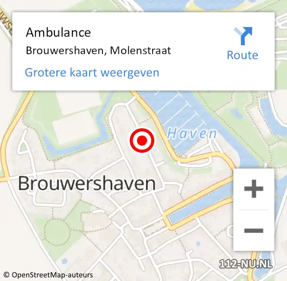 Locatie op kaart van de 112 melding: Ambulance Brouwershaven, Molenstraat op 29 april 2015 11:23