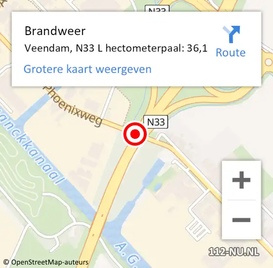 Locatie op kaart van de 112 melding: Brandweer Veendam, N33 L hectometerpaal: 36,1 op 2 mei 2015 12:10