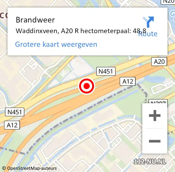 Locatie op kaart van de 112 melding: Brandweer Waddinxveen, A20 R hectometerpaal: 48,8 op 2 mei 2015 18:53
