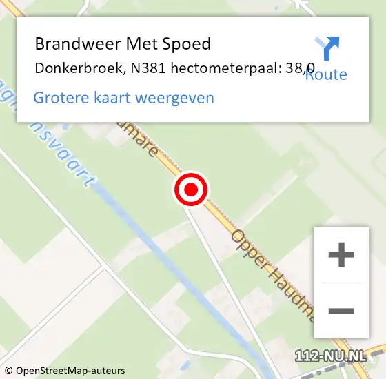 Locatie op kaart van de 112 melding: Brandweer Met Spoed Naar Donkerbroek, N381 hectometerpaal: 38,0 op 3 mei 2015 13:12