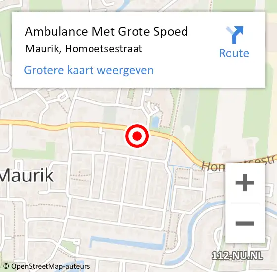 Locatie op kaart van de 112 melding: Ambulance Met Grote Spoed Naar Maurik, Homoetsestraat op 4 mei 2015 22:56