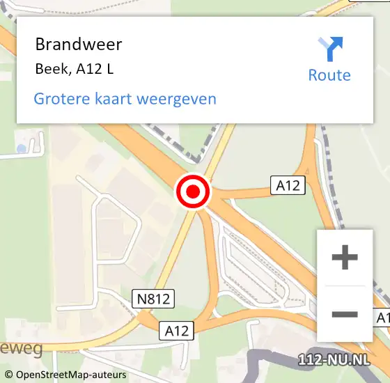 Locatie op kaart van de 112 melding: Brandweer Beek, A12 L op 6 mei 2015 14:20