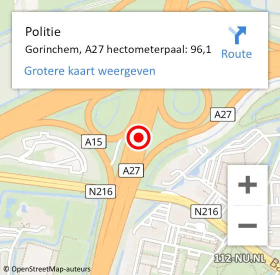 Locatie op kaart van de 112 melding: Politie Gorinchem, A27 hectometerpaal: 96,1 op 6 mei 2015 17:01
