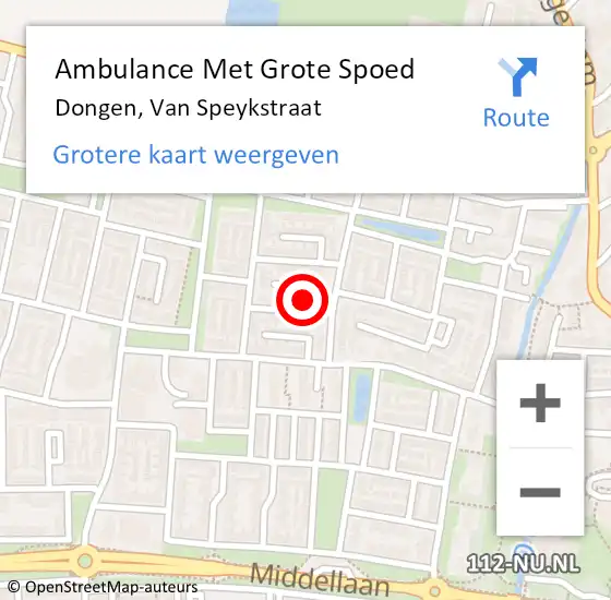 Locatie op kaart van de 112 melding: Ambulance Met Grote Spoed Naar Dongen, Van Speykstraat op 8 mei 2015 02:47