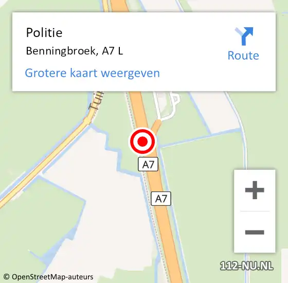 Locatie op kaart van de 112 melding: Politie Benningbroek, A7 L op 9 mei 2015 01:20