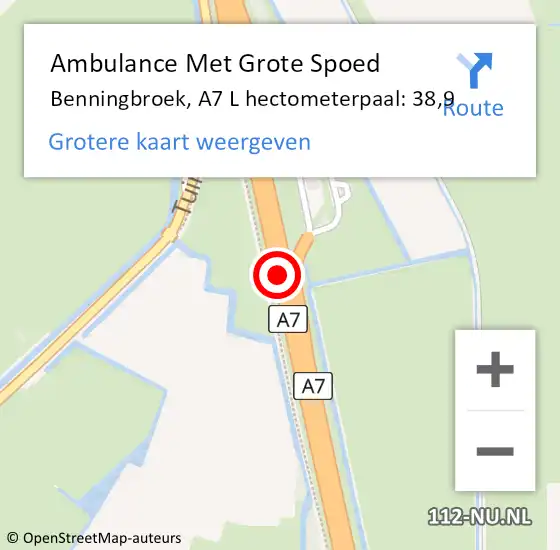 Locatie op kaart van de 112 melding: Ambulance Met Grote Spoed Naar Benningbroek, A7 L hectometerpaal: 38,9 op 9 mei 2015 01:31