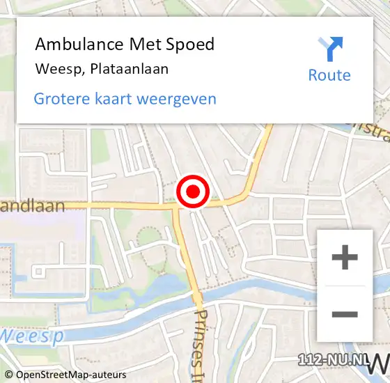 Locatie op kaart van de 112 melding: Ambulance Met Spoed Naar Weesp, Plataanlaan op 9 mei 2015 11:34