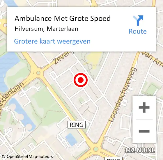 Locatie op kaart van de 112 melding: Ambulance Met Grote Spoed Naar Hilversum, Marterlaan op 9 mei 2015 18:21