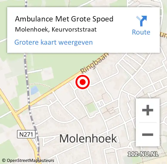 Locatie op kaart van de 112 melding: Ambulance Met Grote Spoed Naar Molenhoek, Keurvorststraat op 11 mei 2015 08:27