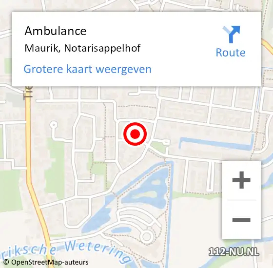 Locatie op kaart van de 112 melding: Ambulance Maurik, Notarisappelhof op 11 mei 2015 13:54