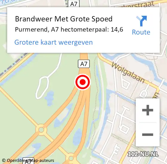 Locatie op kaart van de 112 melding: Brandweer Met Grote Spoed Naar Purmerend, A7 hectometerpaal: 14,6 op 11 mei 2015 15:27