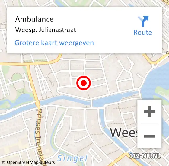 Locatie op kaart van de 112 melding: Ambulance Weesp, Julianastraat op 12 mei 2015 12:22