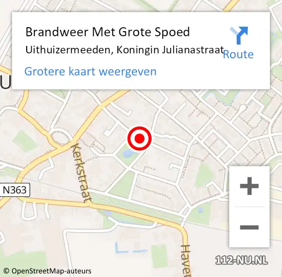 Locatie op kaart van de 112 melding: Brandweer Met Grote Spoed Naar Uithuizermeeden, Koningin Julianastraat op 13 mei 2015 06:43