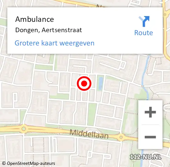 Locatie op kaart van de 112 melding: Ambulance Dongen, Aertsenstraat op 13 mei 2015 10:06