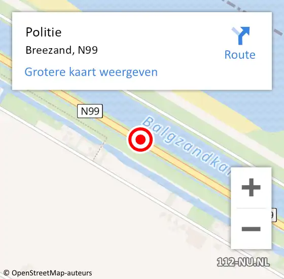 Locatie op kaart van de 112 melding: Politie Breezand, N99 op 13 mei 2015 16:58