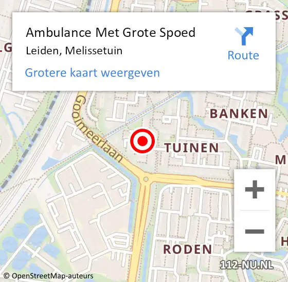 Locatie op kaart van de 112 melding: Ambulance Met Grote Spoed Naar Leiden, Melissetuin op 14 mei 2015 17:36