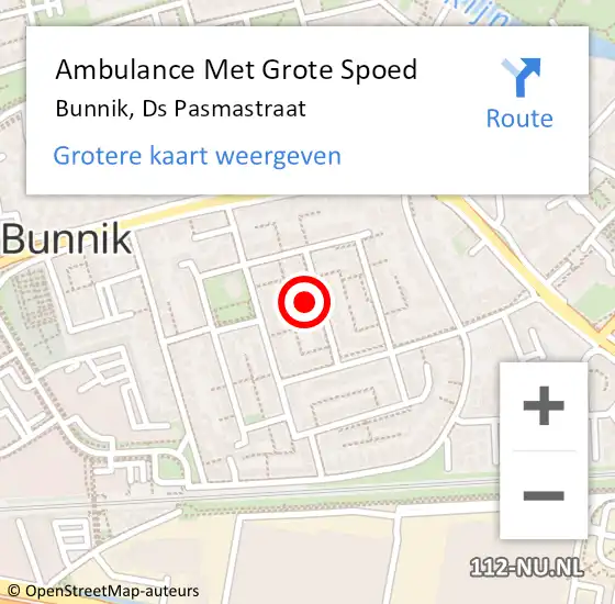 Locatie op kaart van de 112 melding: Ambulance Met Grote Spoed Naar Bunnik, Ds Pasmastraat op 15 mei 2015 14:55